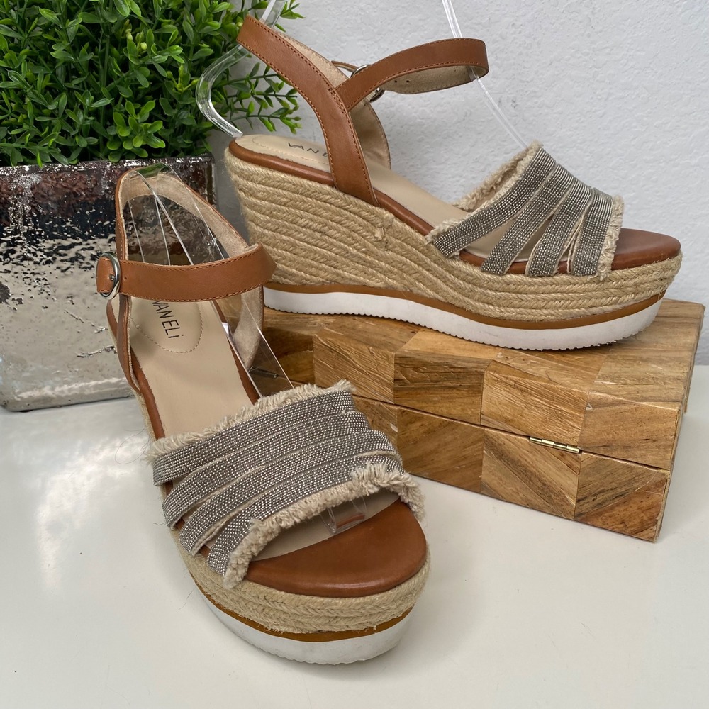Vaneli Tan Leather Espadrille Wedge Sandals Metallic Chain Straps Women 9M